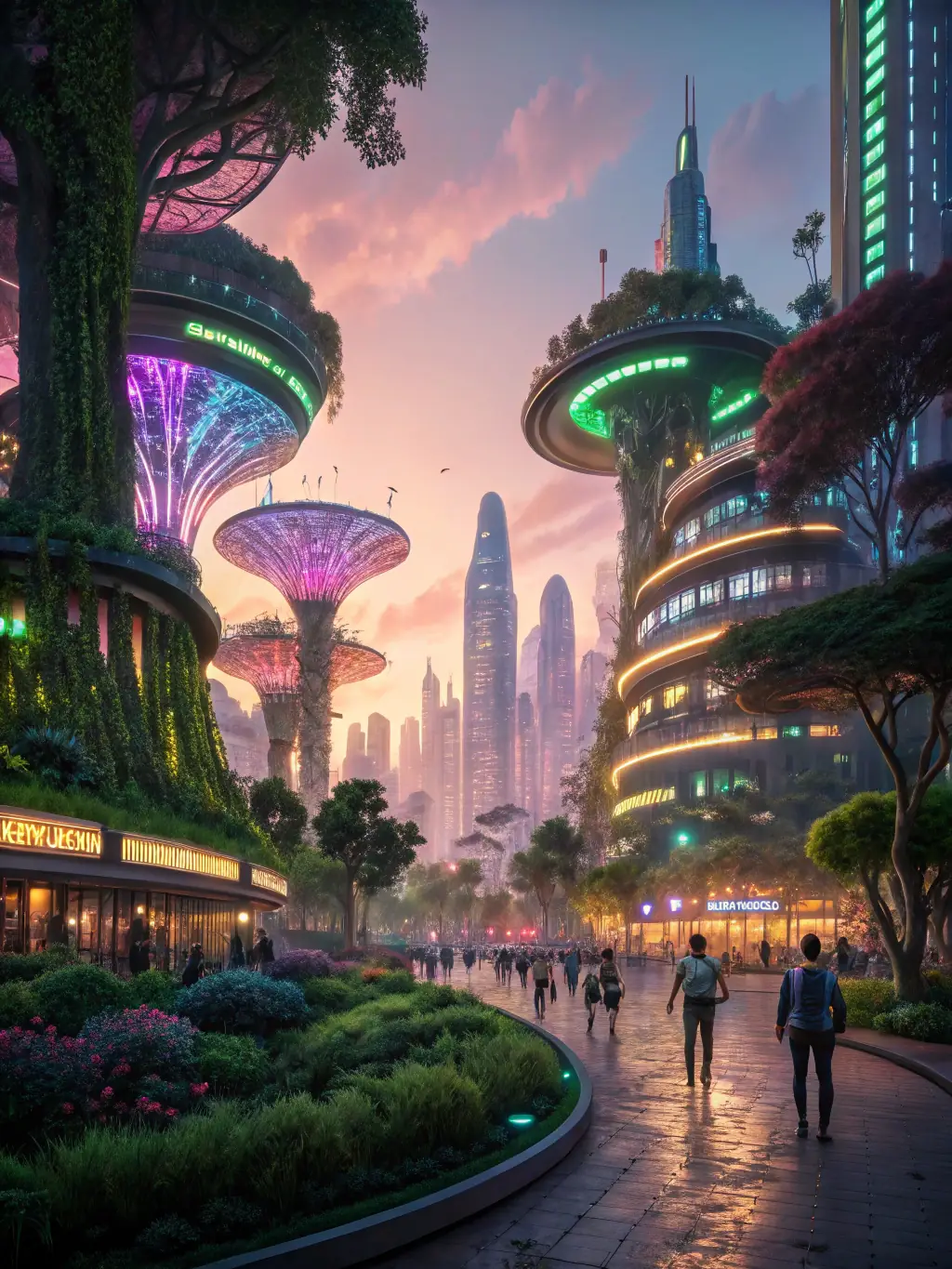 A futuristic cityscape with holographic projections displaying real-time data streams and AI interfaces, symbolizing the integration of technology in urban environments.
