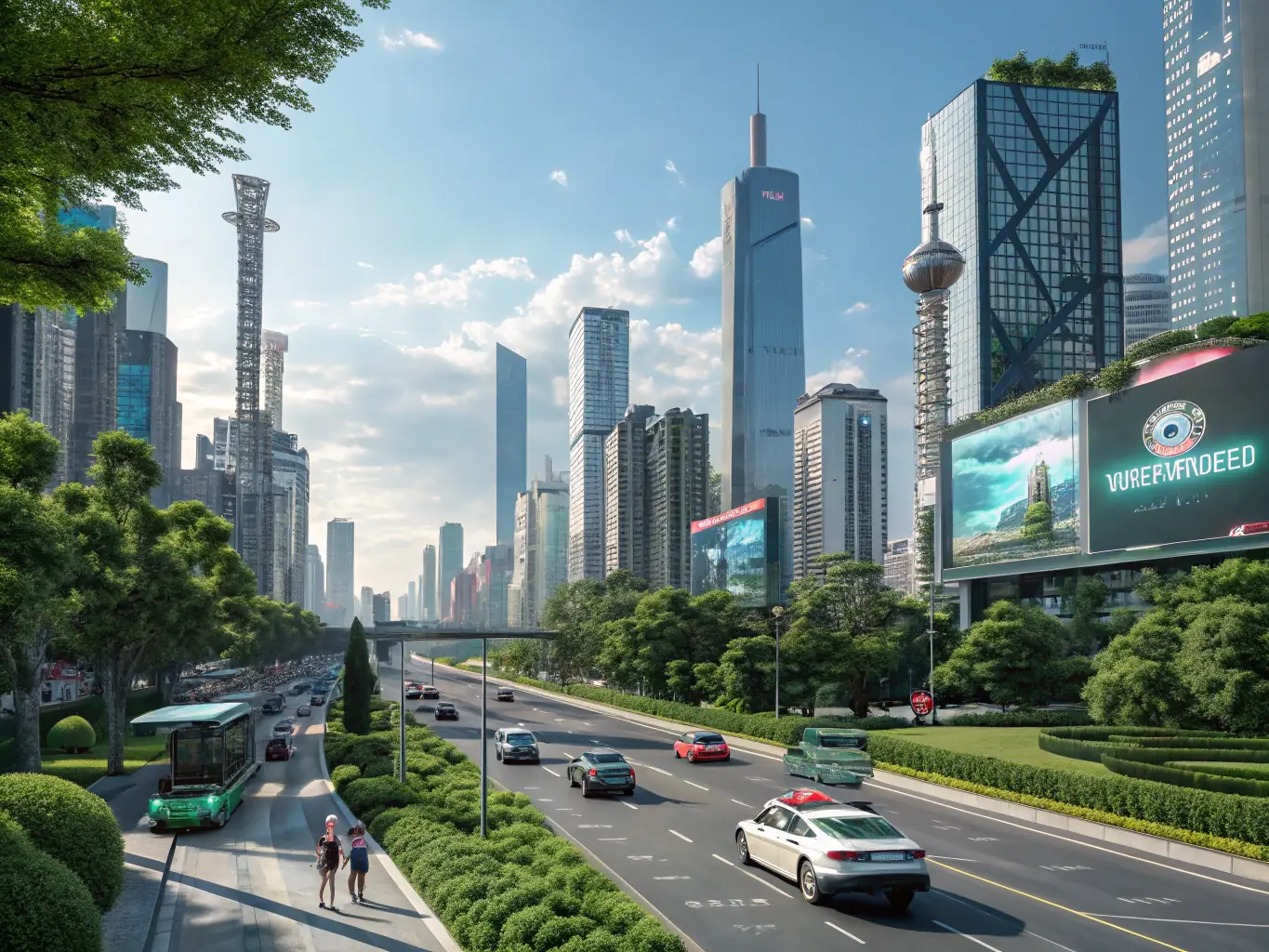 A futuristic cityscape with holographic AI interfaces overlaid, representing the integration of AI in urban environments and daily life.