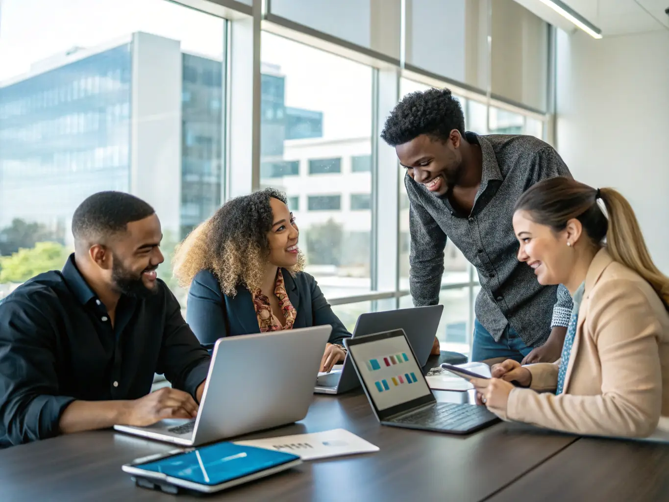 A diverse group of people collaborating on an AI project using laptops and interactive displays, showcasing the collaborative nature of AI development.
