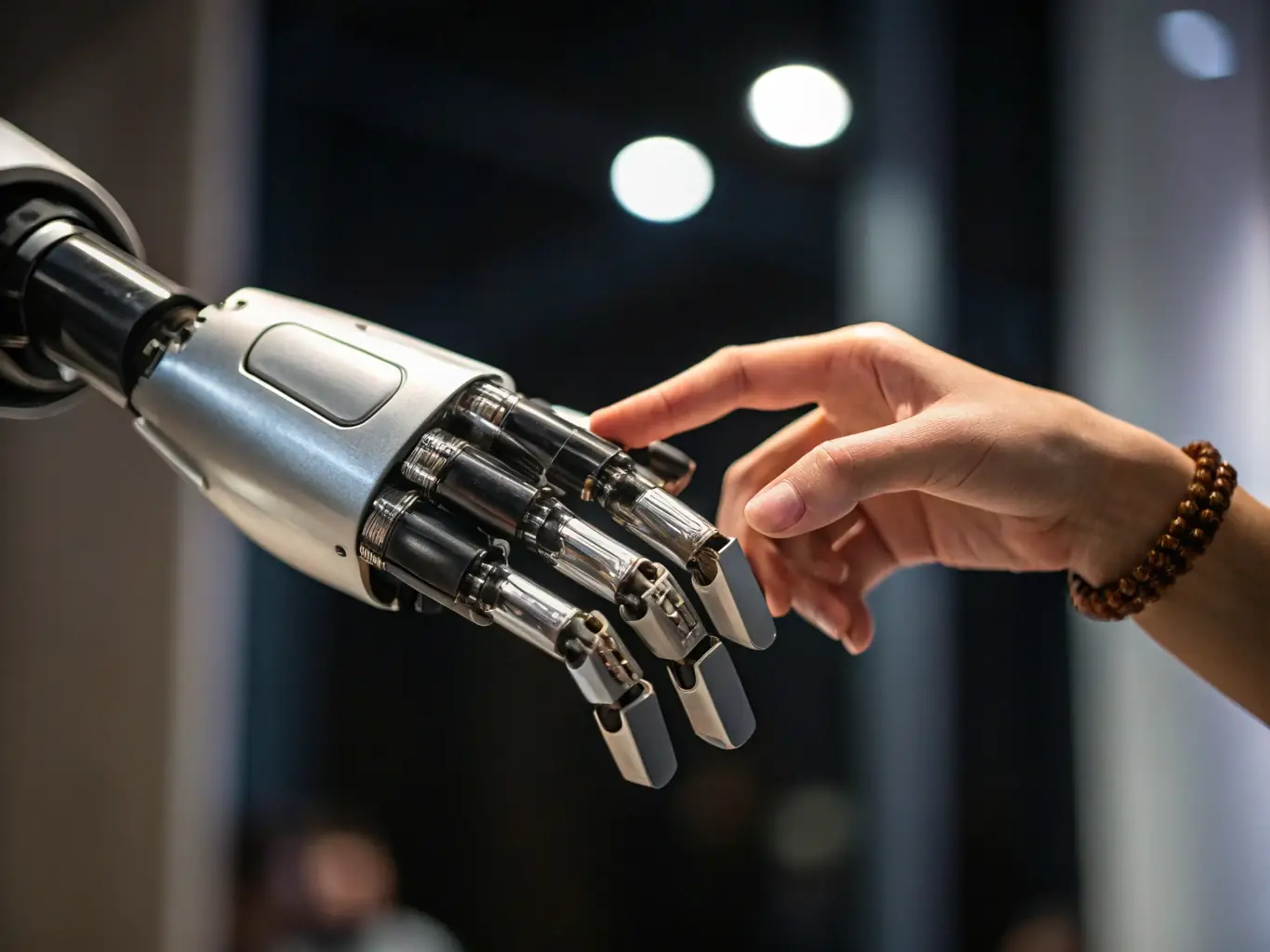 A robot arm delicately interacting with a human hand, symbolizing the collaboration between humans and AI in the workplace.