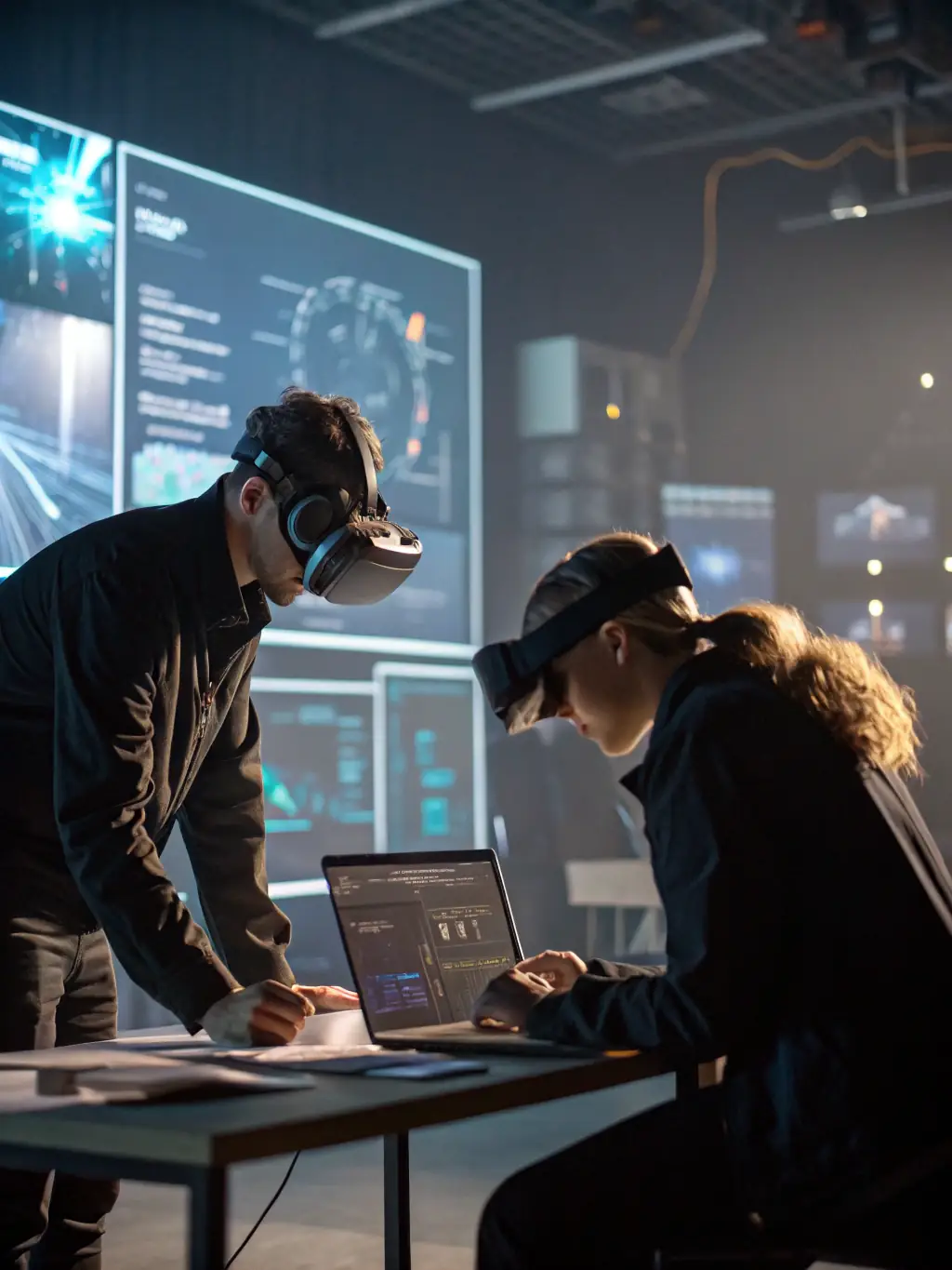 A diverse group of people collaborating on a virtual reality project, highlighting the immersive experiences and applications of VR/AR technologies.