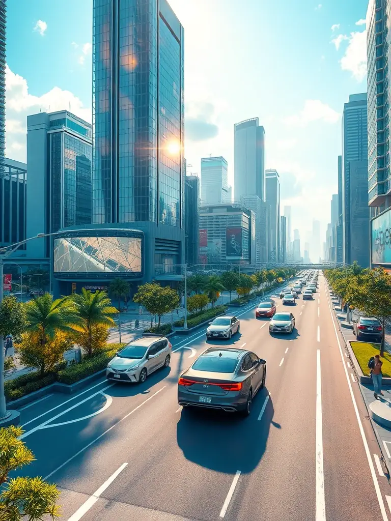 A futuristic cityscape with holographic projections and autonomous vehicles, representing the integration of AI and technology in urban environments.