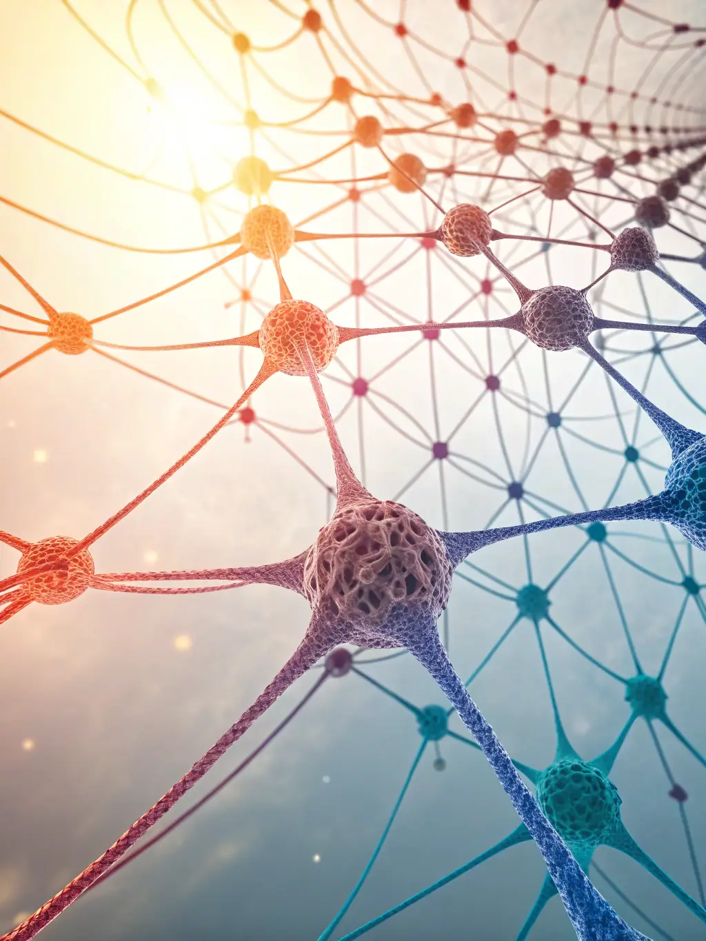 A digital illustration depicting a neural network with glowing nodes and connections, symbolizing advancements in AI and machine learning, set against a dark blue background.