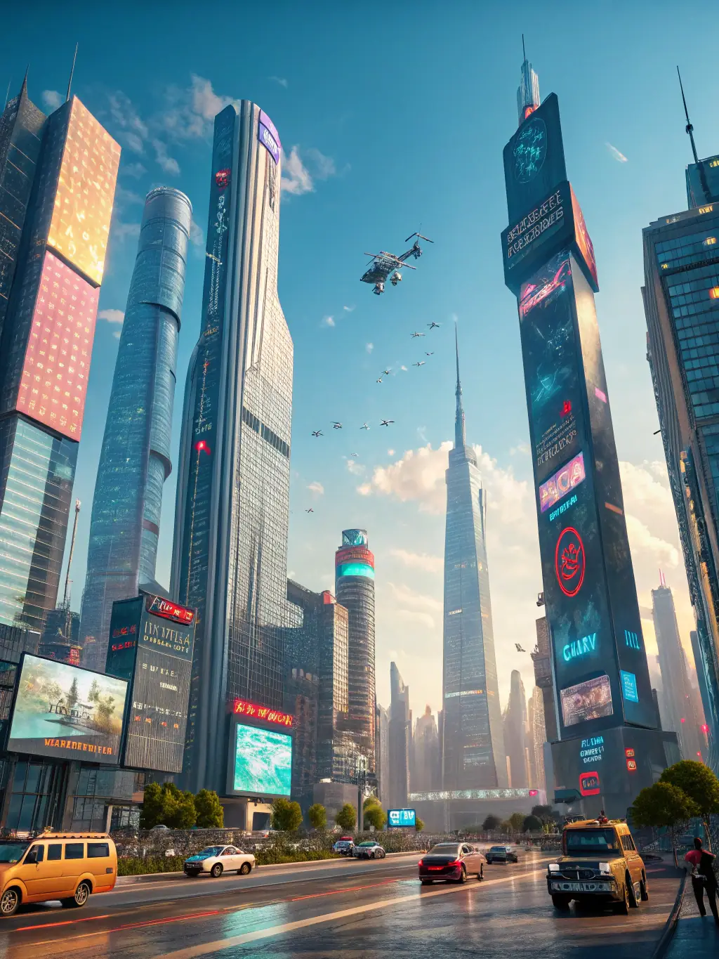 A futuristic cityscape with holographic projections displaying real-time data analytics and AI algorithms, representing the trend of smart cities and urban technology.