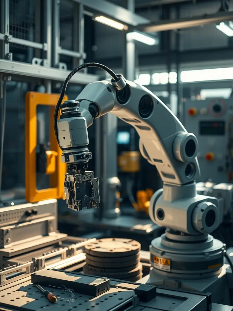 A robot arm performing a delicate task in a manufacturing setting, illustrating the increasing automation and precision enabled by robotics and AI.