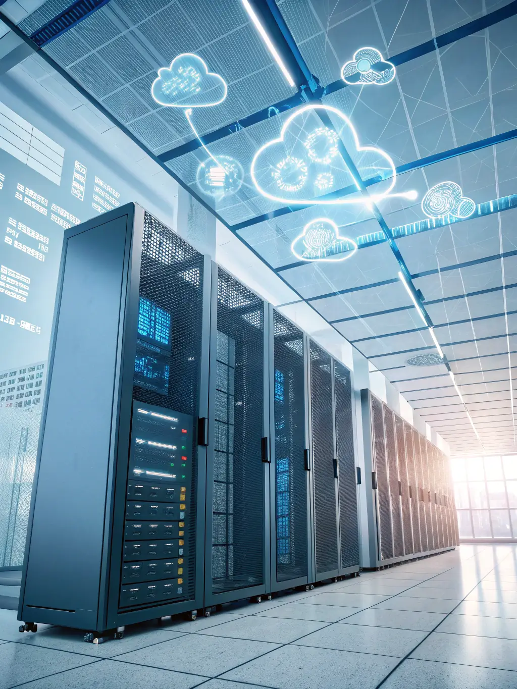 A graphic representation of cloud computing architecture, showcasing interconnected servers and data centers, highlighting the scalability and accessibility of cloud services.
